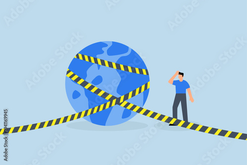 World economic sanctions, businessman gazes at the planet Earth, world country draped in yellow tape bearing the label of sanctions.