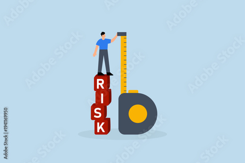 Risk assessment, Businessman investor assesses risk by standing on stack of boxes.