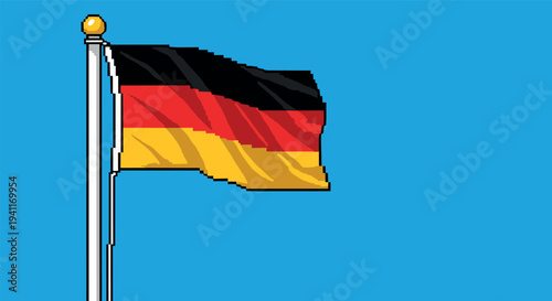 German flag in pixel art style fluttering against blue sky