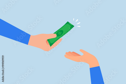 Borrow money from friend, businessman is handing a banknote to his friend.