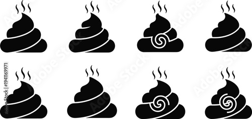 Set of black poop emoji silhouettes, stylized funny dung icons with steam, humorous waste symbols, vector illustration for social media.