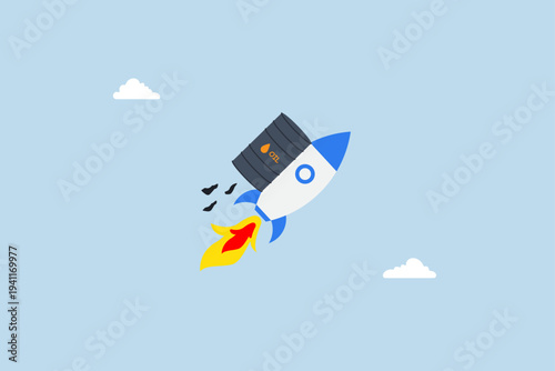 Rocket filled with gallons of crude oil soaring high in the sky serves as metaphor for increasing prices.