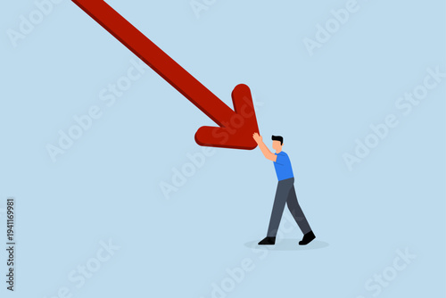 Resilience to survive investment crash, businessman exerting maximum effort to push downward falling arrow