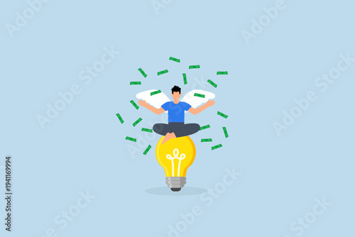Angel investor, wealthy entrepreneur has a lightbulb moment with angel wings and stack of cash.