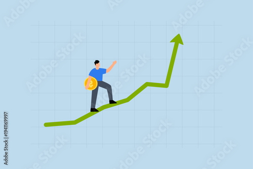 Investment strategy to earn money, Businessman investor clutching large coin walks up a growing graph.