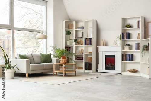 Shelves with books, sofa an...