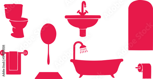 The image presents a cohesive collection of red bathroom furniture and accessories, designed in a contrasting minimalist silhouette style.