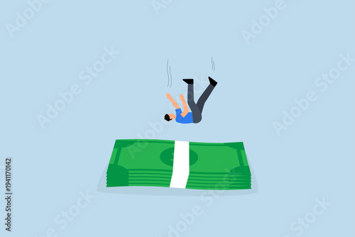 Insurance, Unsuccessful entrepreneur landing on large pile of cash for protection