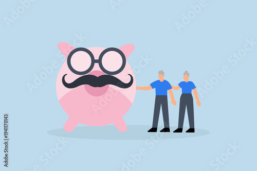 Retirement savings plan, Retired senior couple pose next to affluent elderly piggy bank