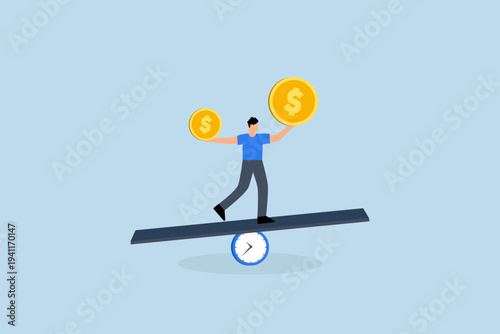 Time value of money, Business investor holding various coins of different sizes on clock shaped seesaw