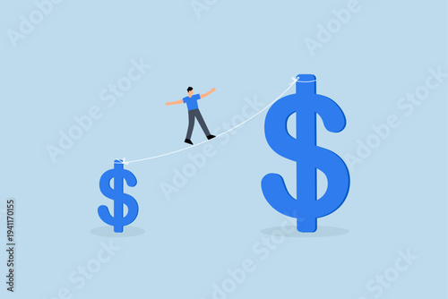 Investment growth high risk high reward,  Businessman investor, acrobat transitions from small dollar to larger one while walking