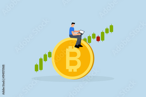 Bitcoin and cryptocurrency investing, business investor is using computer to engage in cryptocurrency trading on the prominent Bitcoin platform, utilizing  candlestick price graph chart