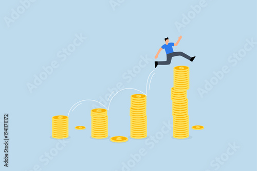 Pay raise salary increase, Joyful businessman leaping on ascending pile of money coins