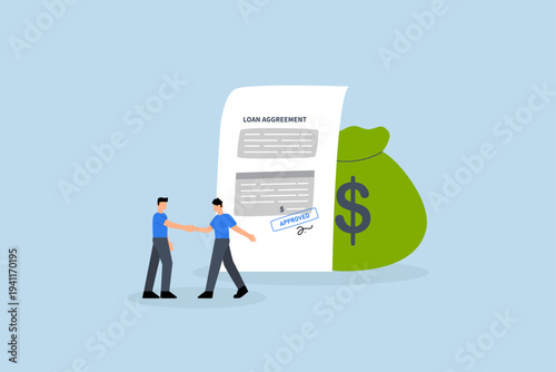 Loan agreement borrow money from bank, businessman is shaking hands while holding a loan agreement and a bag of money.