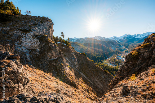 Winter snow hiking near city of Zakopane with view of poland Tatra mountains from Nosal peak in Poland