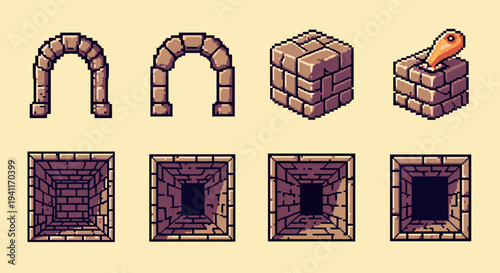 Retro pixel art: stone structures and dungeon tiles for game design