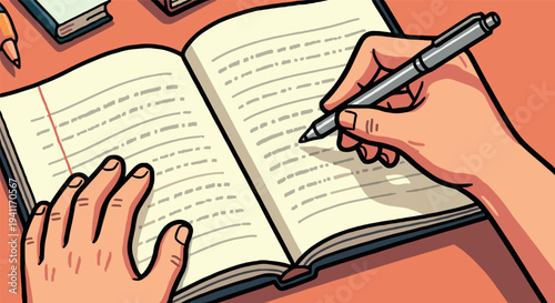 Person writing in a notebook on a desk with books and pen