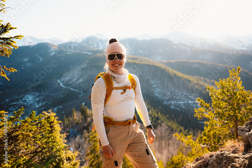 Winter snow hiking near city of Zakopane with view of poland Tatra mountains from Nosal peak in Poland