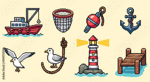 Retro nautical pixel art collection with boats, lighthouse, and marine icons