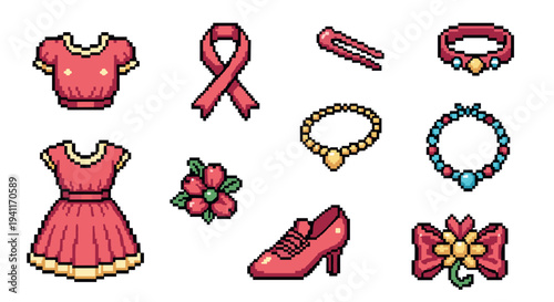 Retro pixel art fashion accessories and clothing collection