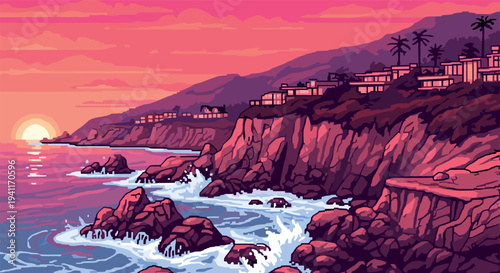 Retro sunset coastal landscape with pixel art cliffs and ocean waves