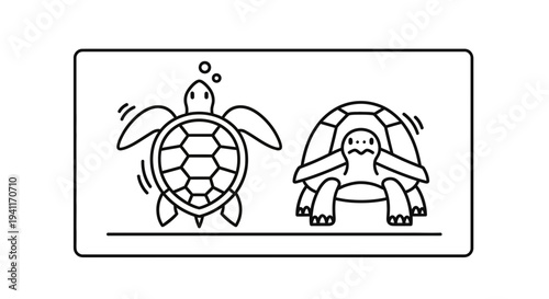 Minimalist black outline vector illustration featuring aquatic sea turtle swimming beside a