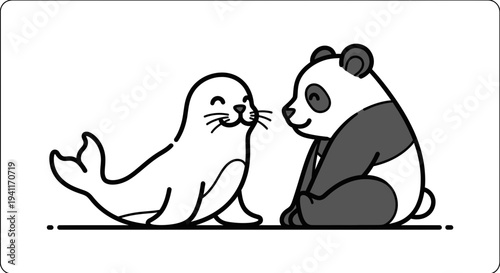 Adorable monochrome illustration of a friendly seal and a cuddly panda sharing a happy moment