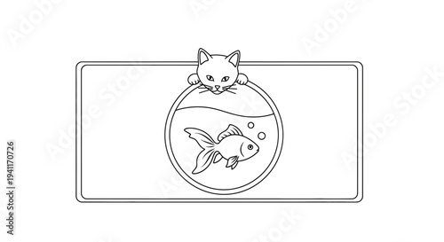 Curious feline watches a lively goldfish swimming playfully within its circular aquatic habitat