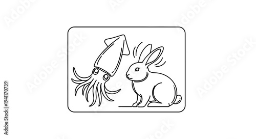 Minimalist outline illustration of a curious squid encountering a startled rabbit in a graphic frame