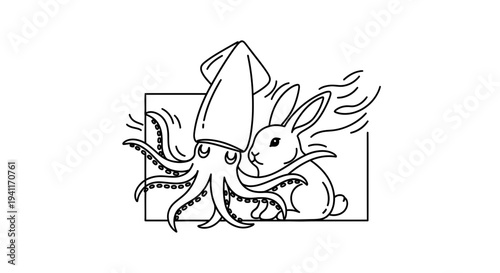 Minimalist line art illustration featuring an aquatic squid and a land dwelling rabbit together