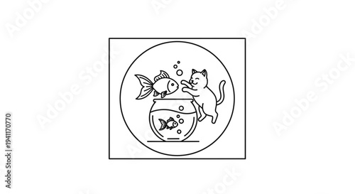 Playful feline reaching for an aquatic friend in a fishbowl, a curious encounter between pets