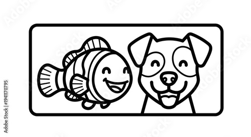 A charming black and white illustration of a happy cartoon clownfish and a cheerful dog