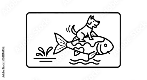 A whimsical line art illustration of a cheerful dog riding a spotted fish across the water with