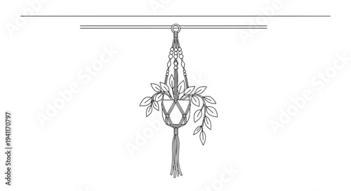 Elegant bohemian macrame plant hanger illustration featuring lush green foliage in a stylish