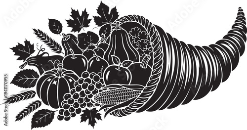 Abundant Harvest Cornucopia with Fruits and Vegetables Illustration