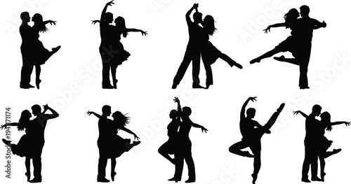 Set of elegant black silhouettes of couples dancing ballroom salsa and ballet isolated on white background for romantic event design