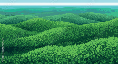 Pixel art lush green landscape with rolling hills and blue sky