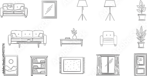 The image is a detailed black and white line drawing that shows a comfortable and well-furnished residence.