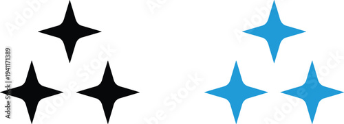 Set of minimalist black and blue four point sparkle star icons for creative design, magic effects, and premium