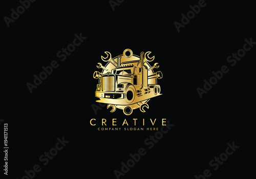Truck Repair Service Log, Wrench and Gear Mechanic Logo, Semi Truck Garage Logo  vector design