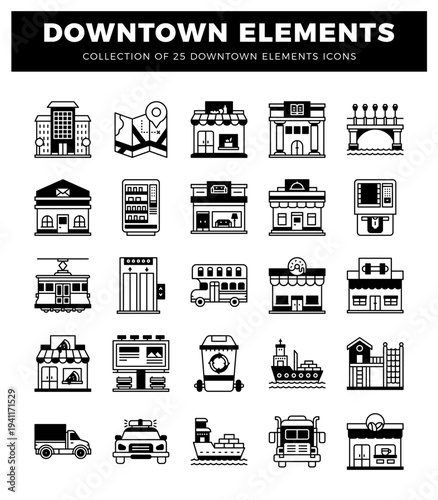 Downtown city elements collection with transportation. buildings. and services icons