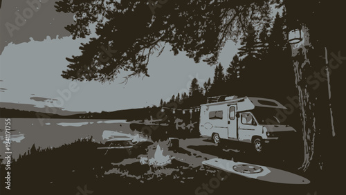Serene lakeside campsite with RV and tree