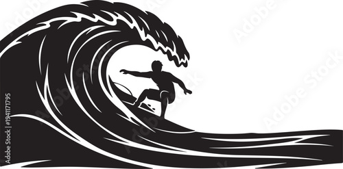 Surfer Riding Ocean Wave in Black and White Silhouette
