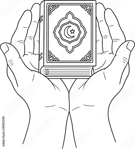 Hands holding Quran with Islamic design