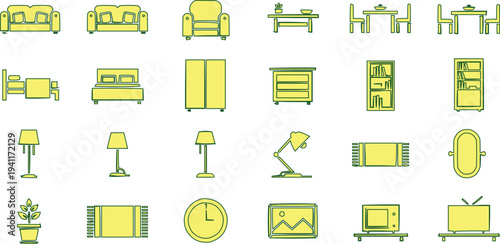 The image features a diverse collection of furniture icons, each representing essential items commonly found in various living spaces.