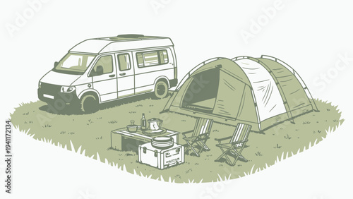 Camping adventure setup with van, tent, and cooking gear