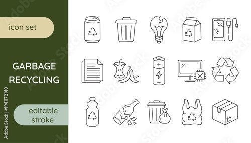A set of line icons on waste recycling.