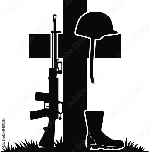 Fallen soldier memorial, cross silhouette, minimalist black and white military tribute design with rifles, helmet, boots, and grave marker symbolism.