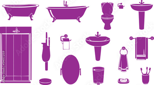 The image showcases a collection of purple bathroom fixtures and accessories, creating a cohesive and stylish theme for a bathroom setting.

