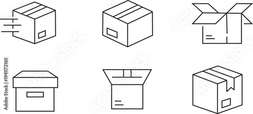 A series of six different cardboard box illustrations in various states